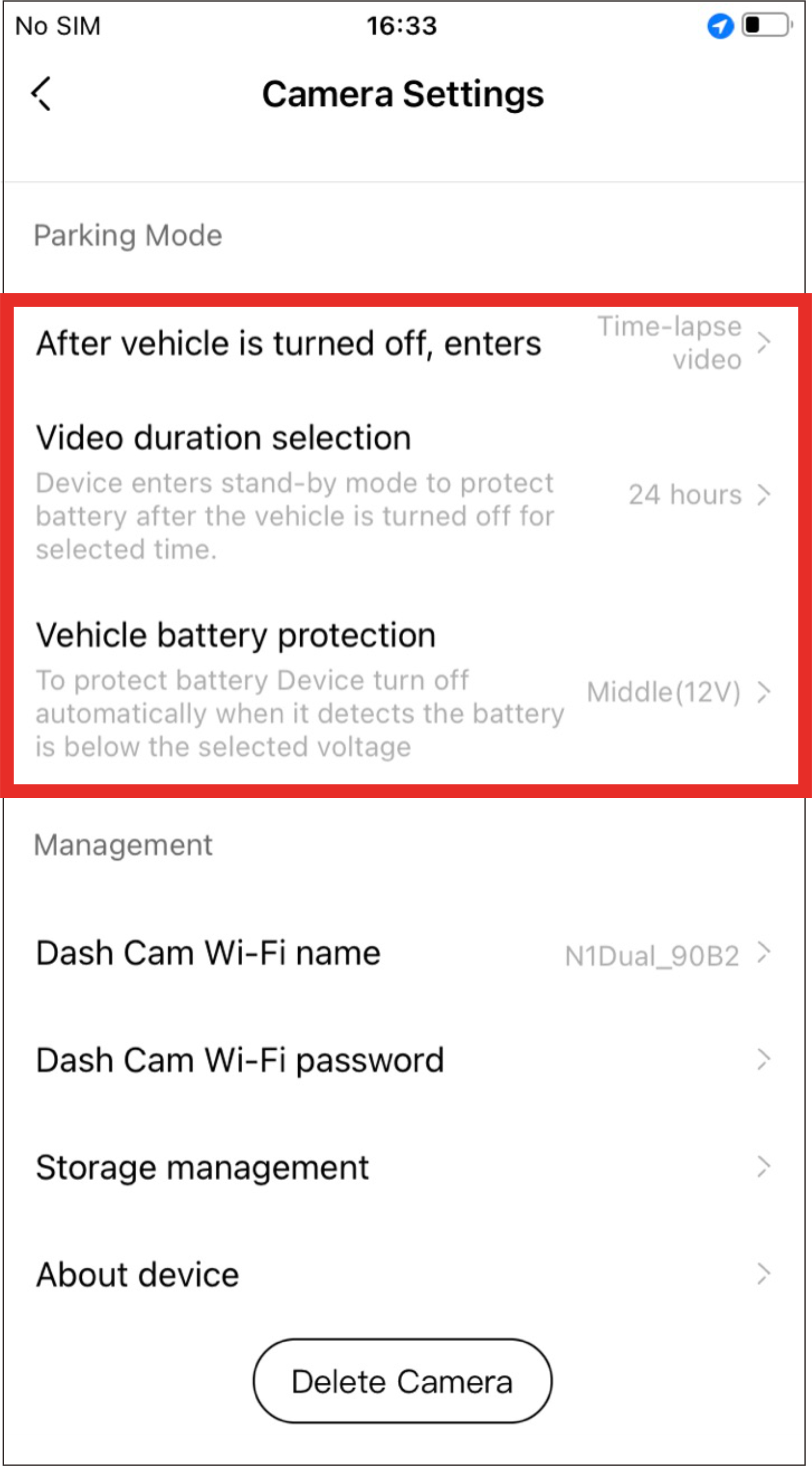 ddpai app Parking Monitoring settings