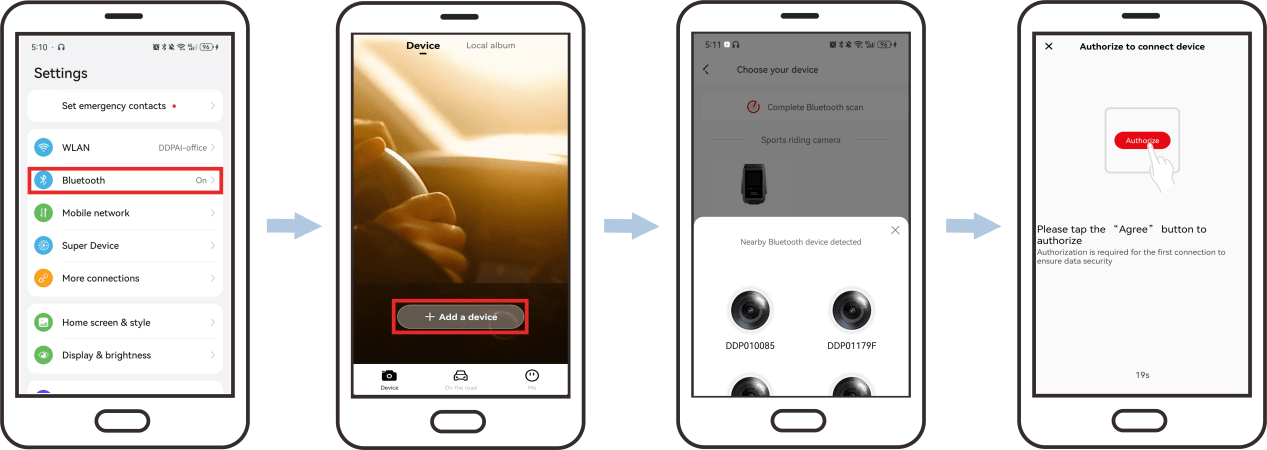 Launch the DDPAI App, enter the -Device- interface, and tap -+ Add a device-.