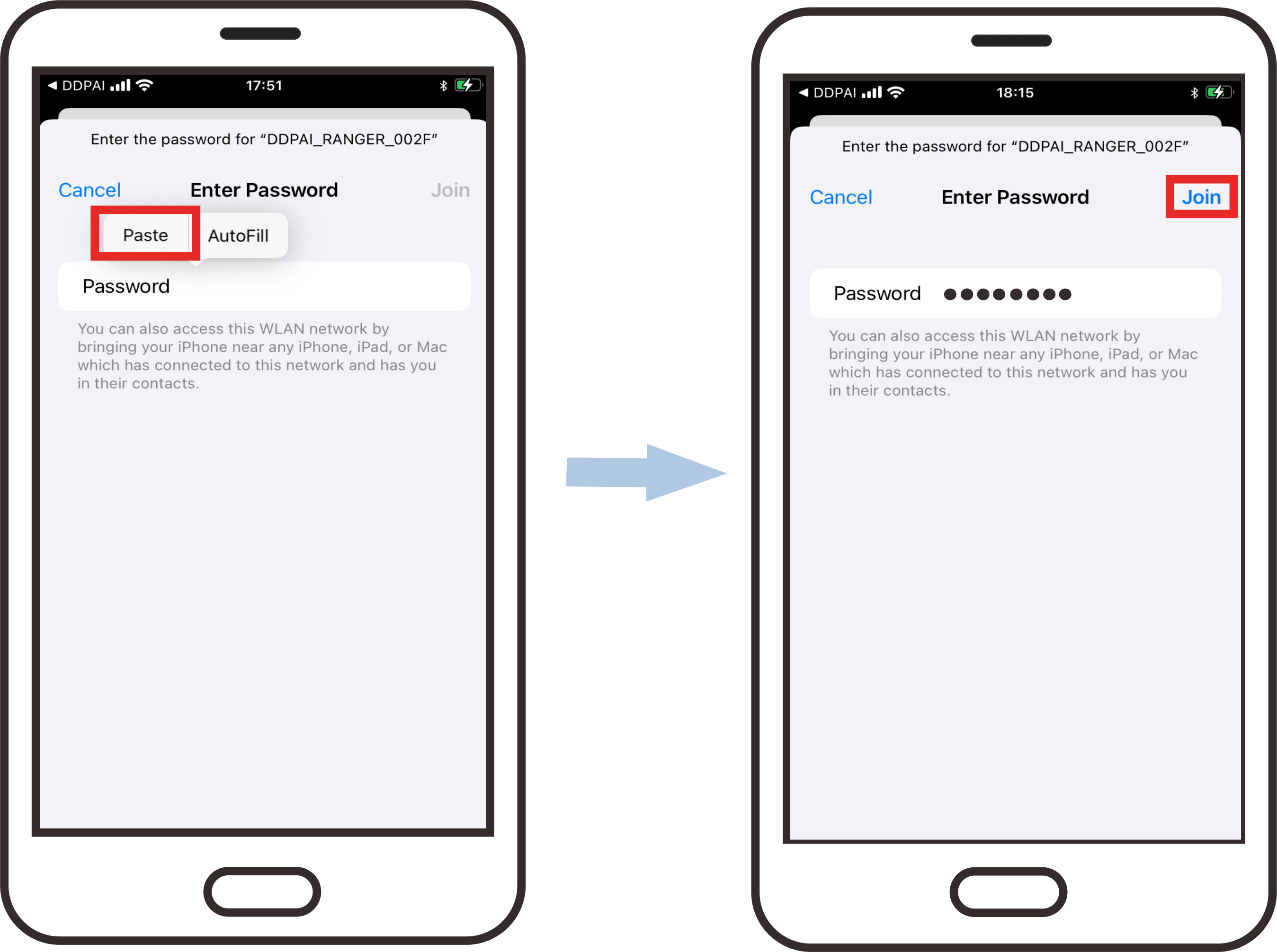 Paste the password directly into the edit box and tap “Join”.