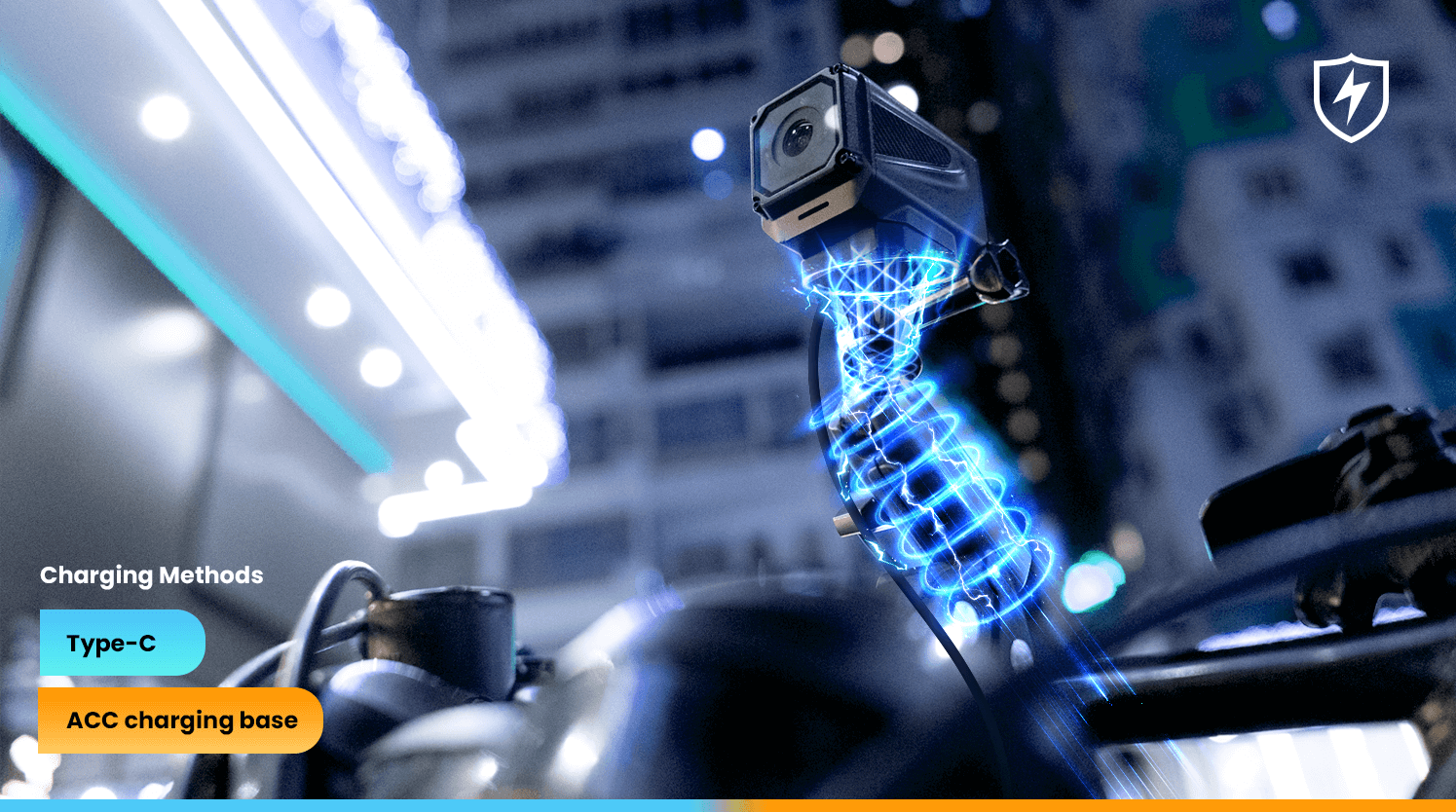 Ranger Riding Camera demonstrating its advanced charging methods with Type-C and ACC charging base, illustrated with a vibrant electrical effect.