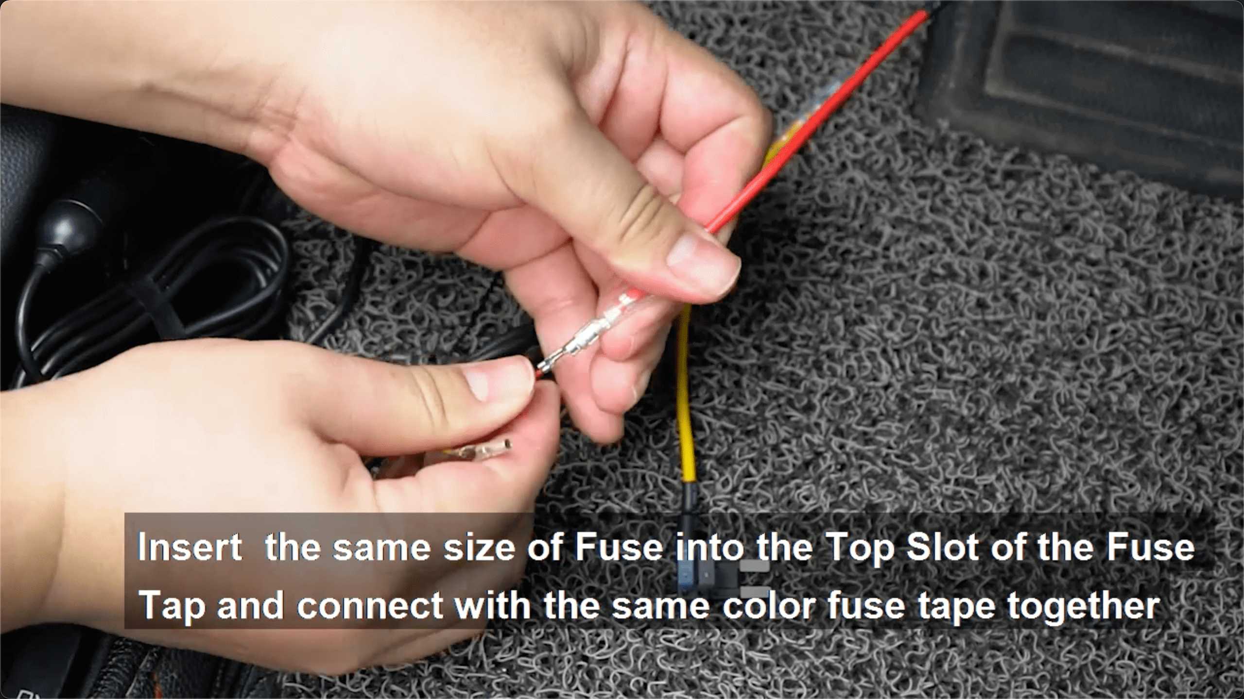 Connecting the same size of fuse into the top slot of the fuse tap and connecting with the same color fuse tape.
