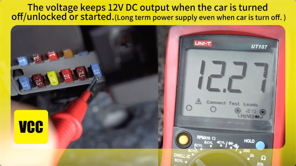 Testing VCC fuse showing 12V DC output with a multimeter.