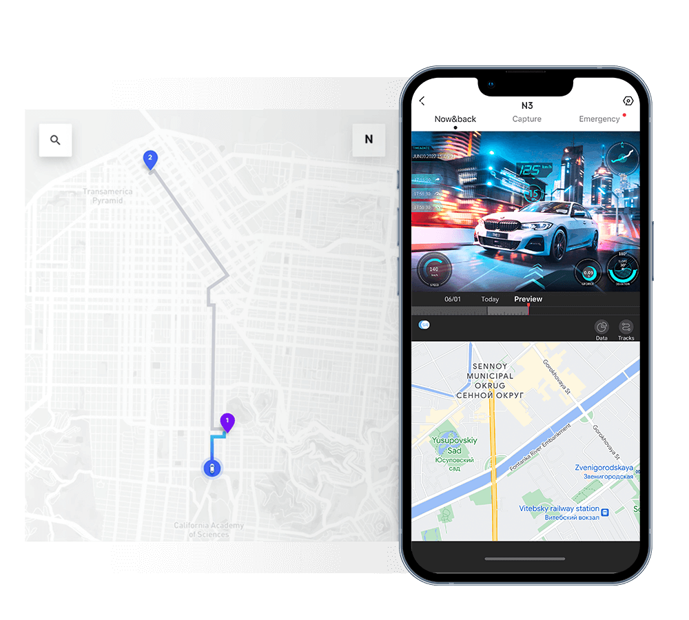 DDPAI dash cam app showing real-time route tracking and video preview on a smartphone.