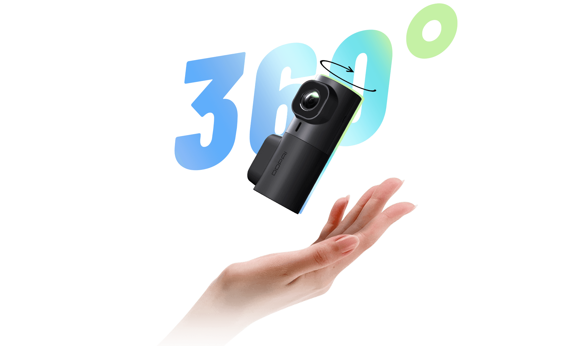 DDPAI MINI2X dashcam being rotated 360 degrees in a hand, showcasing its compact and versatile design for full road coverage.