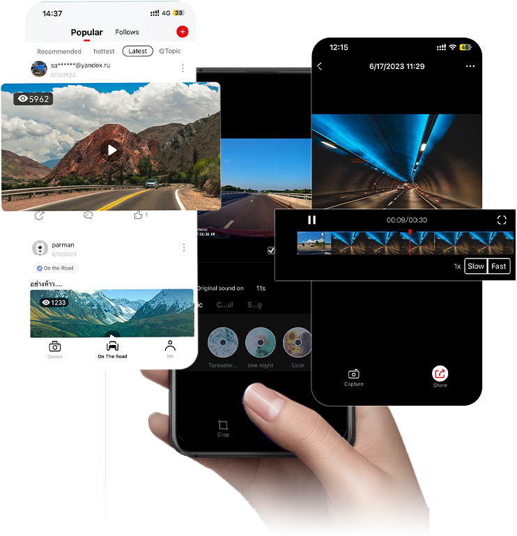 Hand holding a smartphone showing the DDPAI app interface for video editing and social sharing