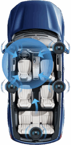 bird's-eye view of car with dashboard audio adjustment